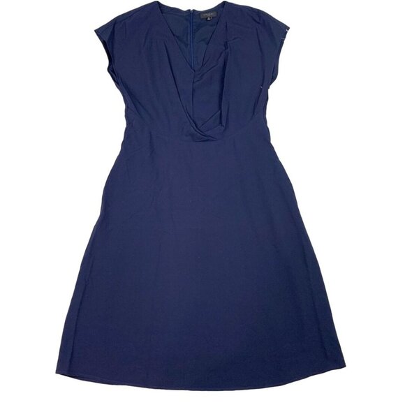 Tahari  ASL Navy Blue Dress Short Sleeve V-Neck Twist Front Fit &‎ Flare Size10 - Picture 5 of 11